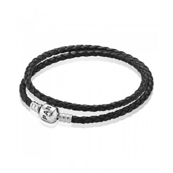 Pandora Bracelet-Silver And Black Double Braided Leather